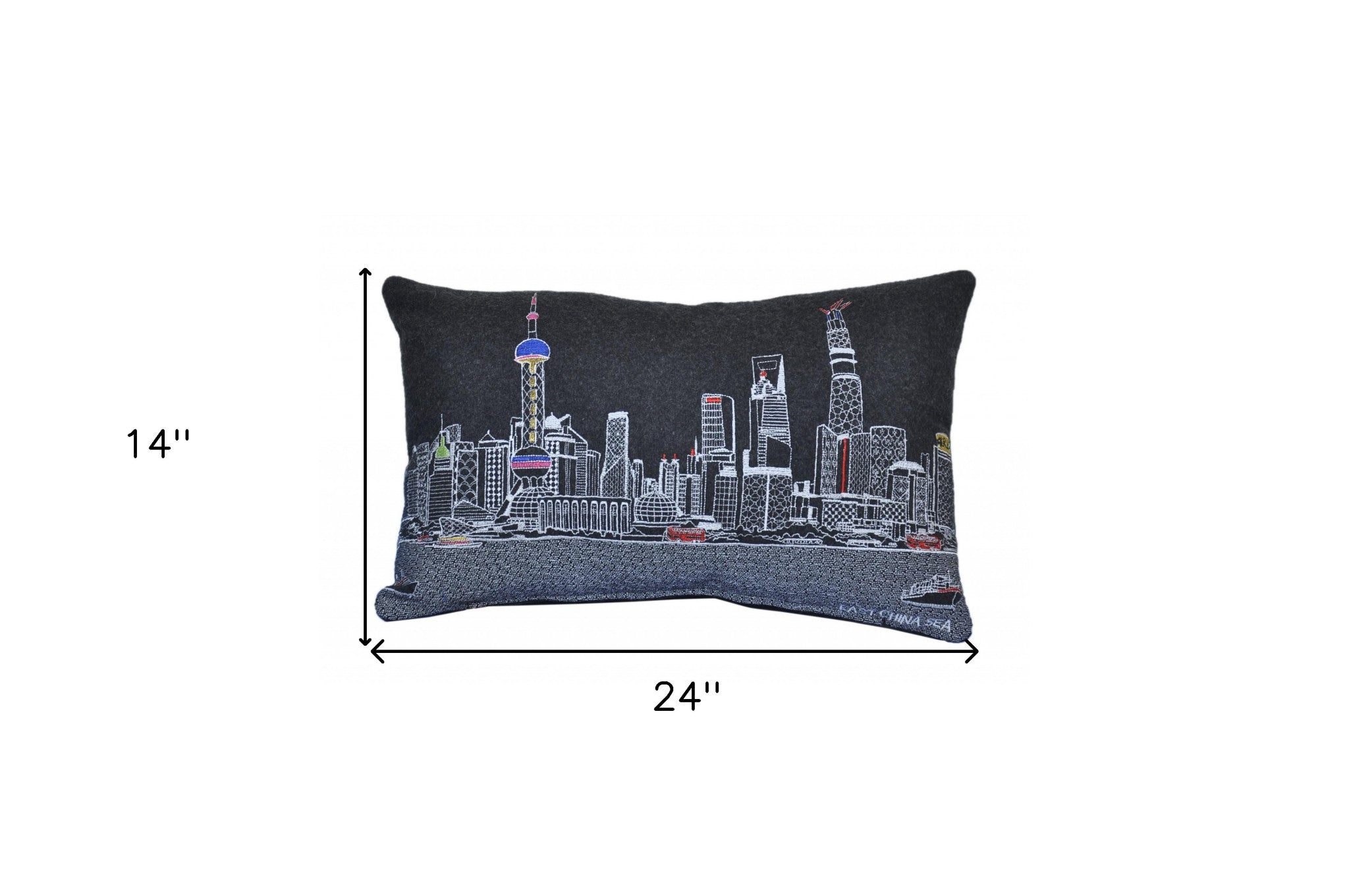 24" Black Shanghai  Nighttime Skyline Lumbar Decorative Pillow