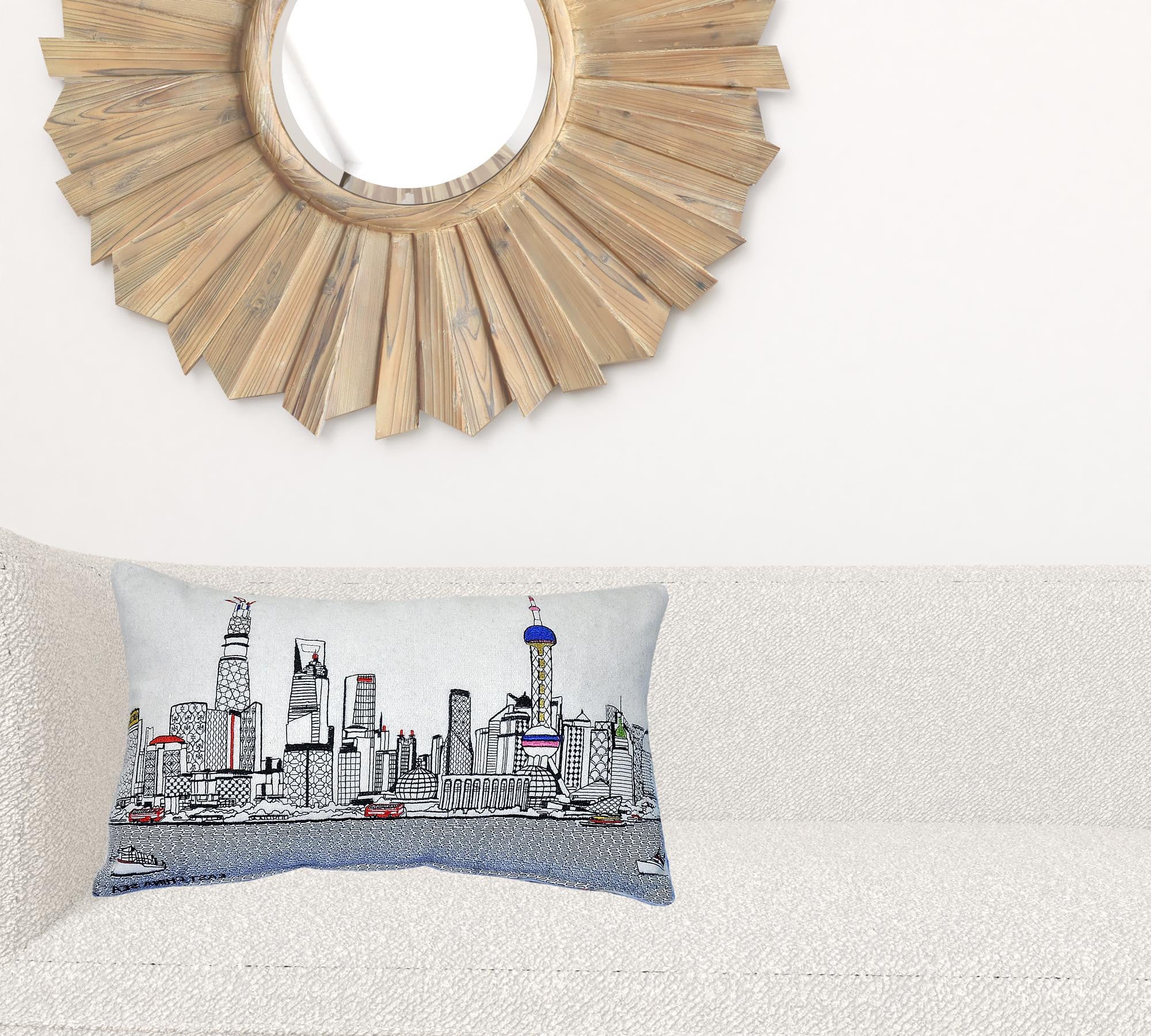 24" White Shanghai  Daylight Skyline Lumbar Decorative Pillow