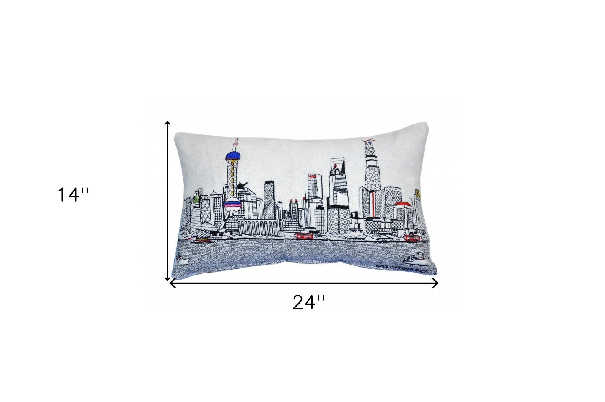 24" White Shanghai  Daylight Skyline Lumbar Decorative Pillow