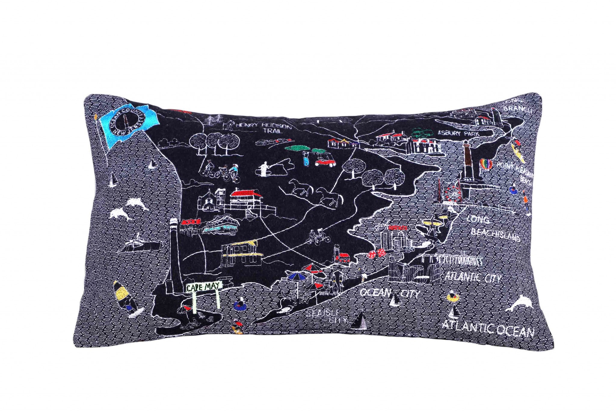 35" Black South Jersey Shore Nighttime Skyline Lumbar Decorative Pillow