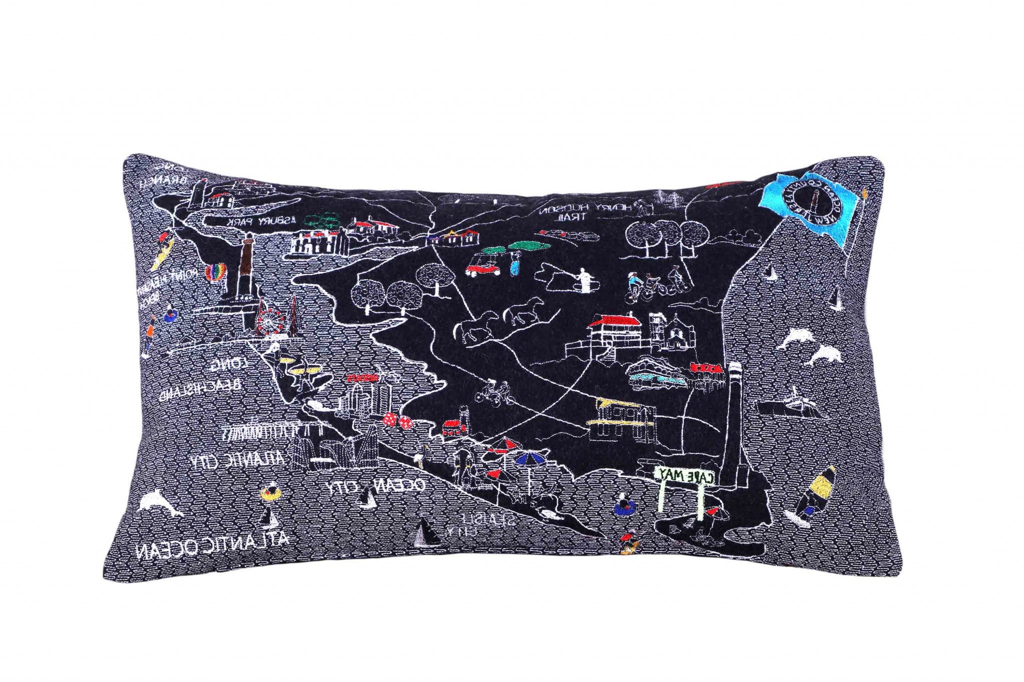 35" Black South Jersey Shore Nighttime Skyline Lumbar Decorative Pillow