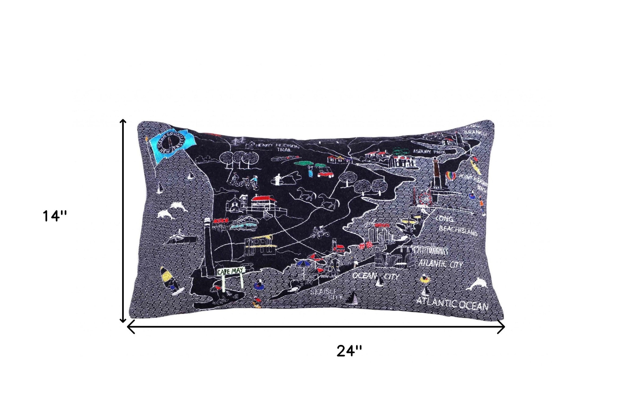 35" Black South Jersey Shore Nighttime Skyline Lumbar Decorative Pillow