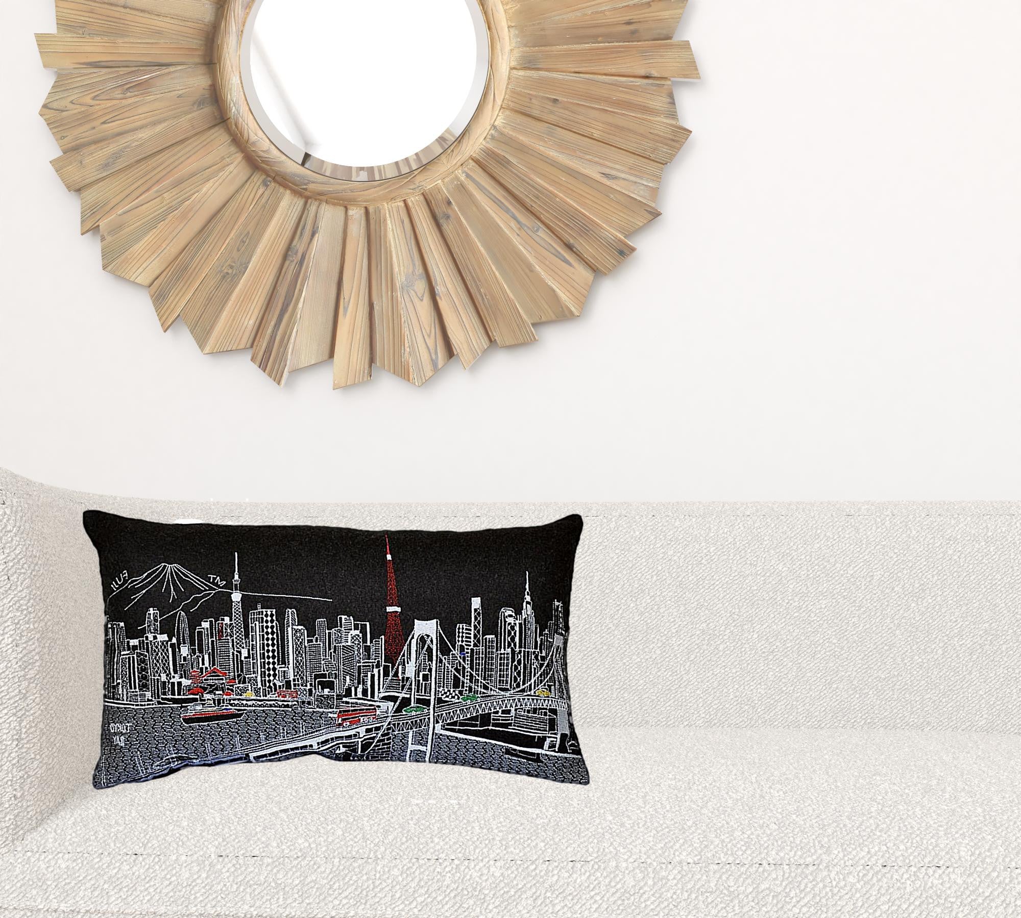 24" Black Tokyo Nighttime Skyline Lumbar Decorative Pillow