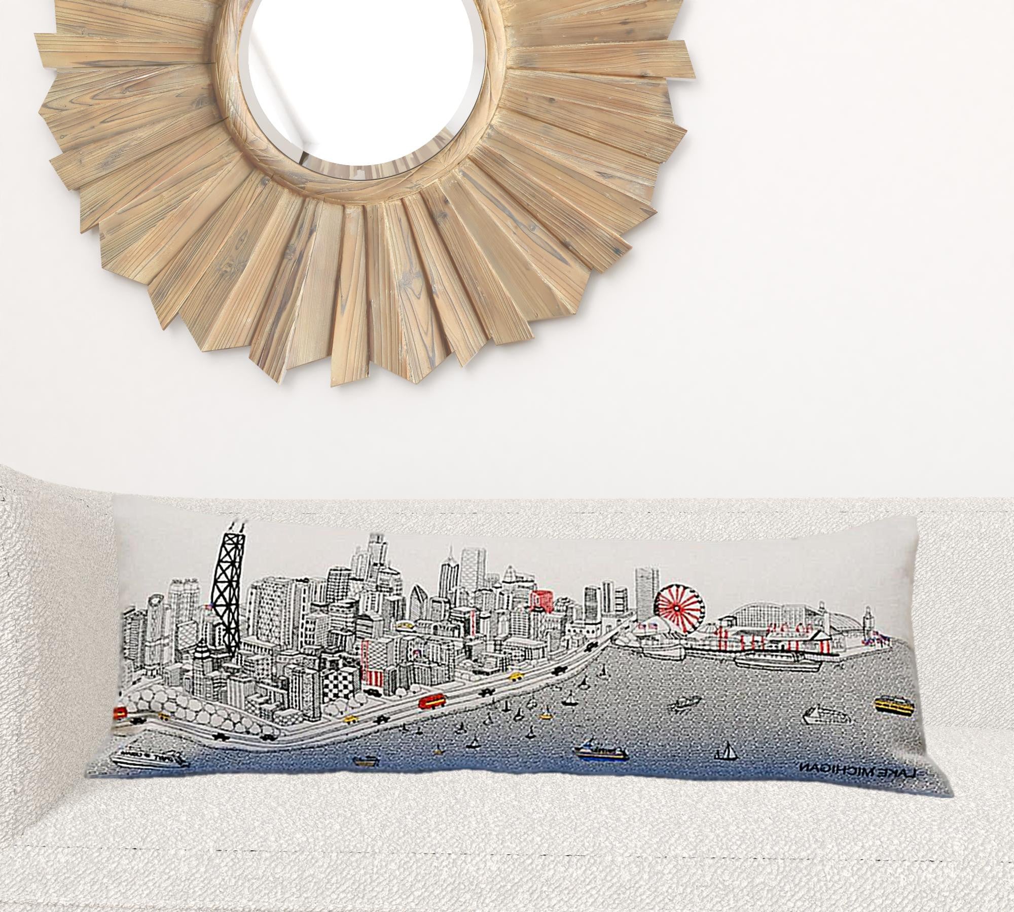 35" White Chicago Daylight Skyline Lumbar Decorative Pillow