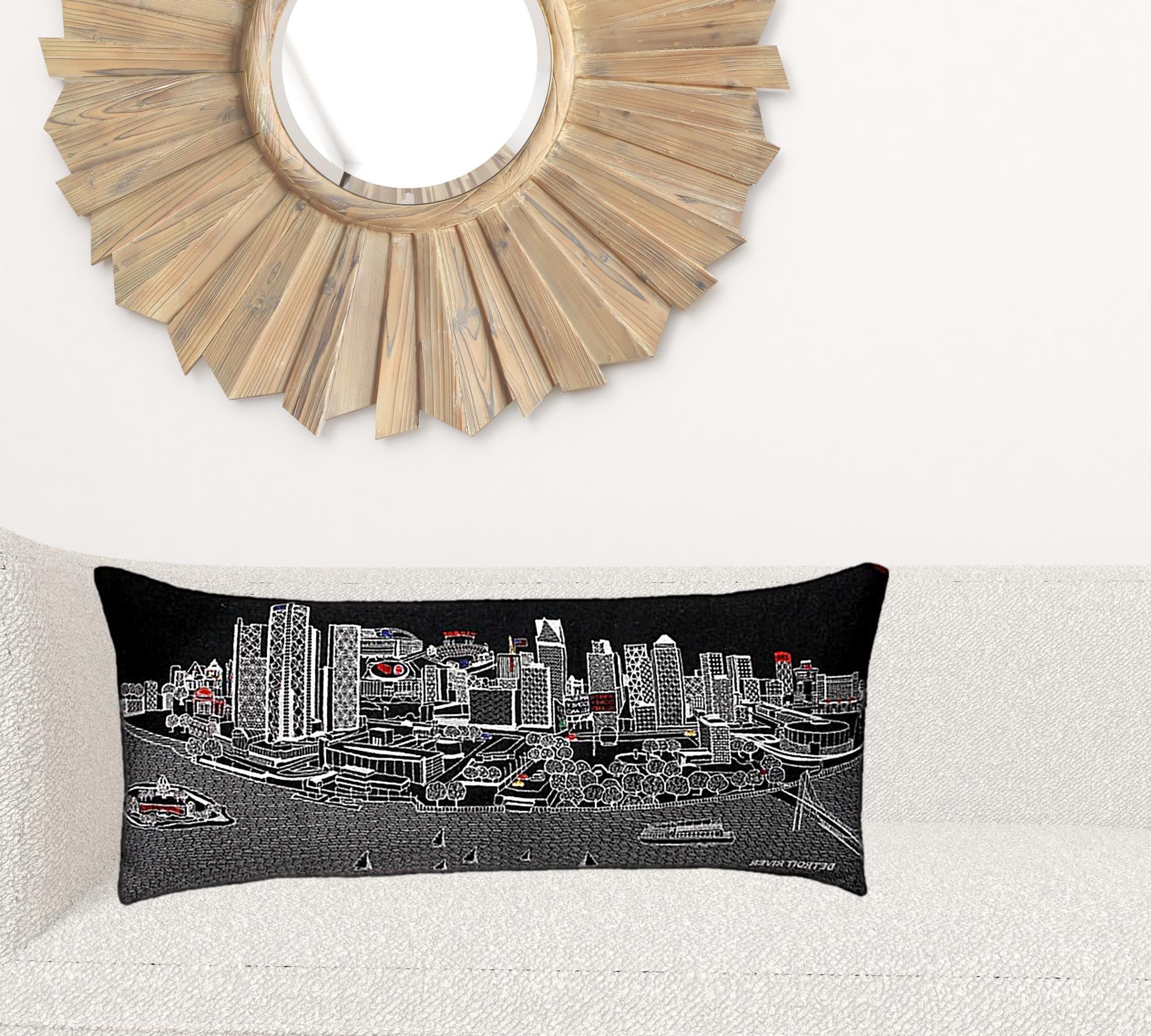 35" Black Detroit Nighttime Skyline Lumbar Decorative Pillow