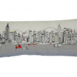 35" White Hong Kong Daylight Skyline Lumbar Decorative Pillow