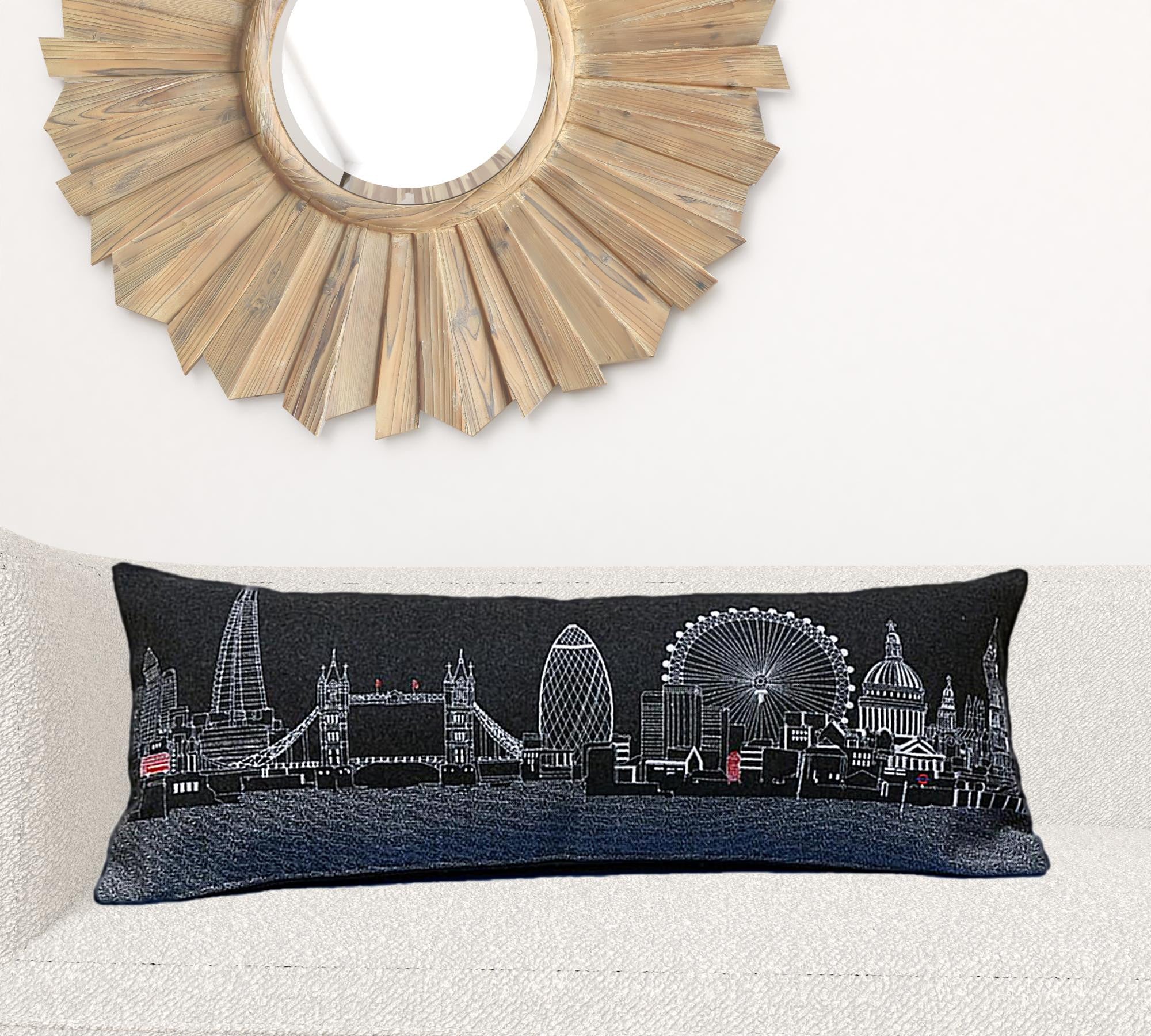 35" Black and White London Nighttime Skyline Lumbar Decorative Pillow