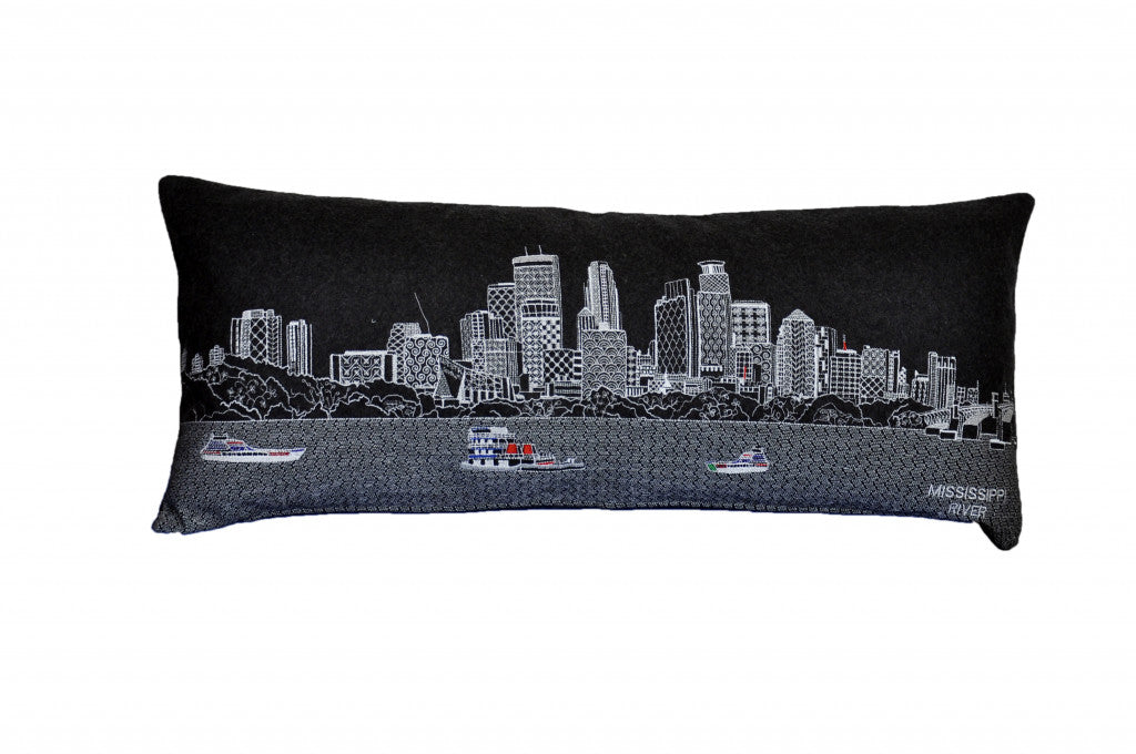 Black Minneapolis Nighttime Skyline Lumbar Decorative Pillow 35"