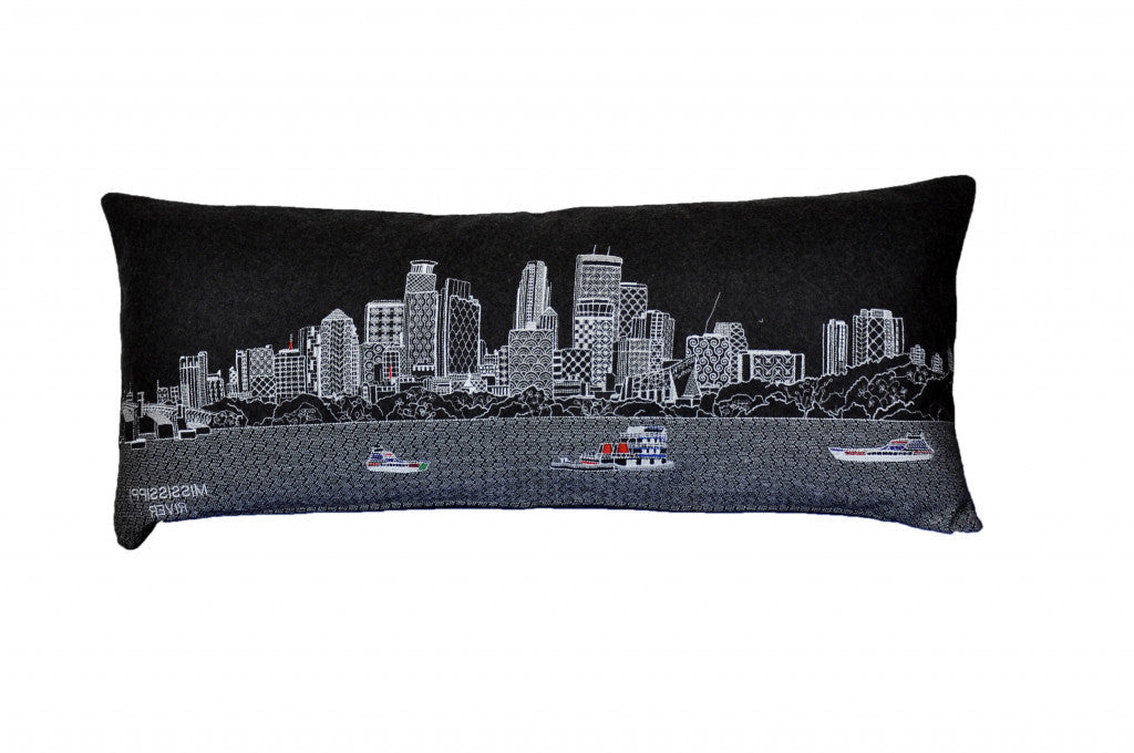 Black Minneapolis Nighttime Skyline Lumbar Decorative Pillow 35"