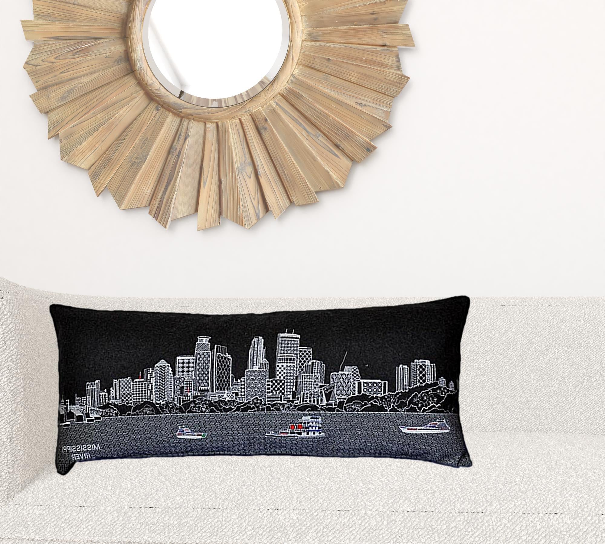 Black Minneapolis Nighttime Skyline Lumbar Decorative Pillow 35"