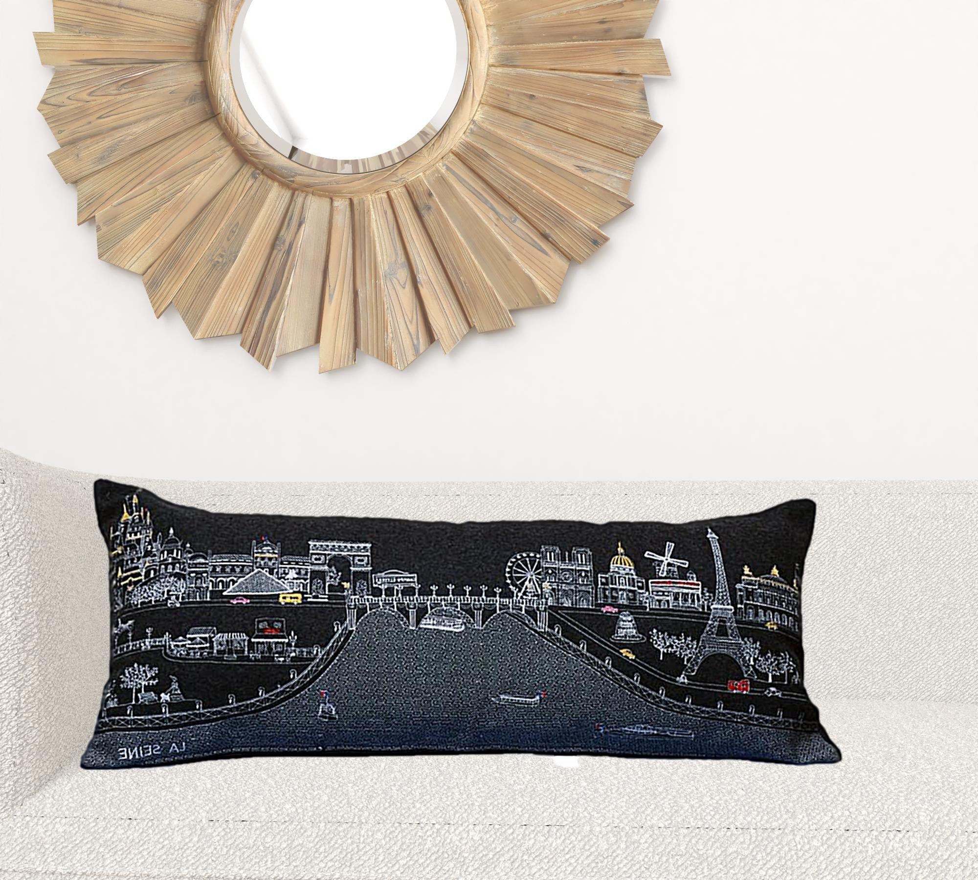 35" Black and White Paris Nighttime Skyline Standard Lumbar Decorative Pillow