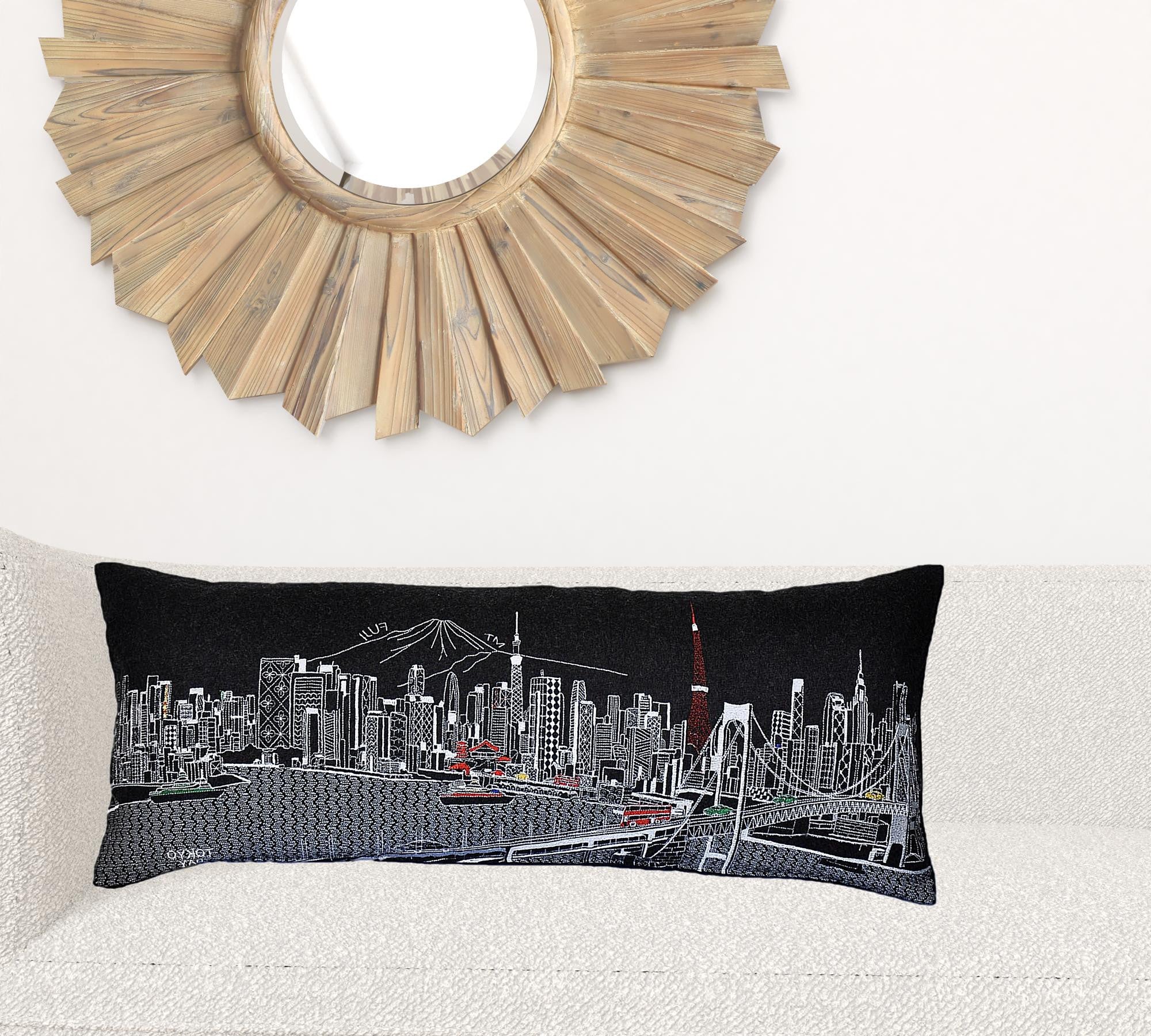 35" Black Tokyo Nighttime Skyline Lumbar Decorative Pillow