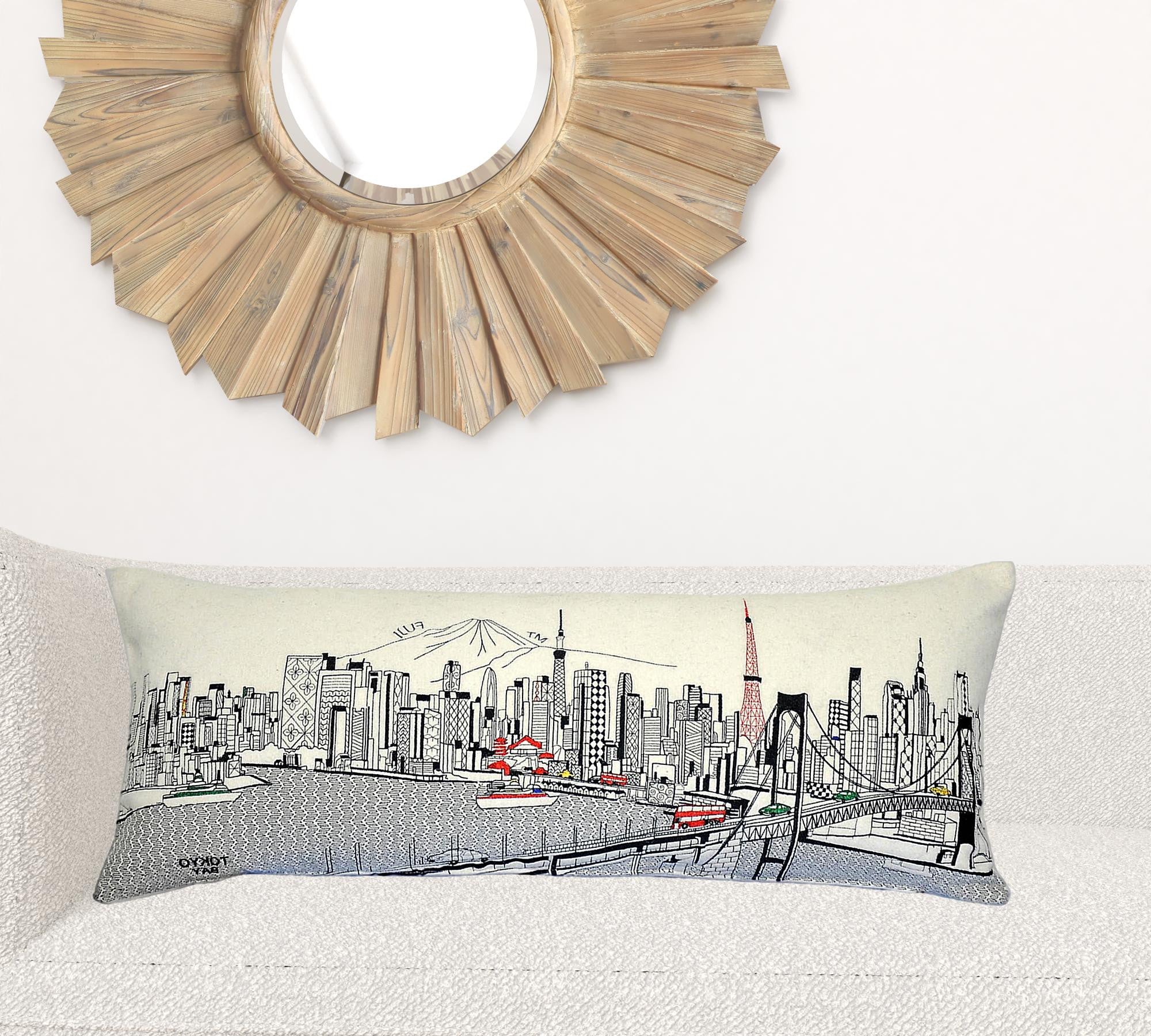 35" White Tokyo Daylight Skyline Lumbar Decorative Pillow