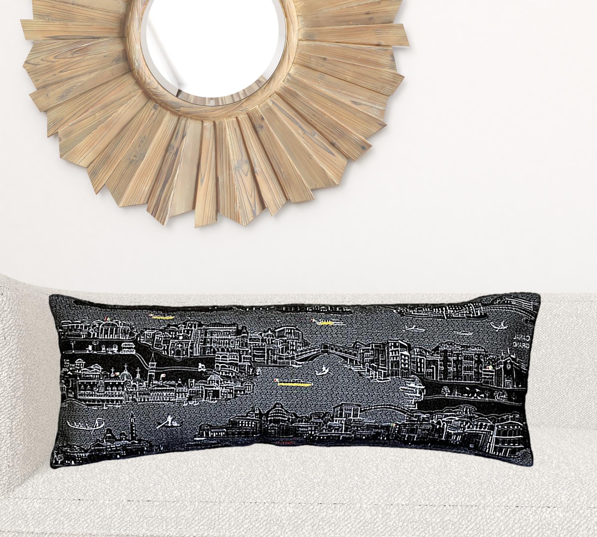 35" Black Venice Nighttime Skyline Lumbar Decorative Pillow