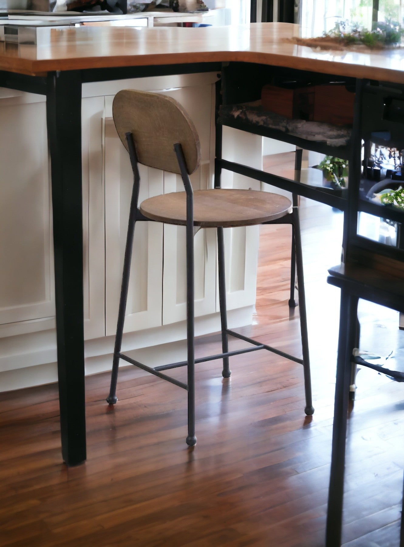 38" Brown and Black Wood and Metal Bar Chair With Footrest