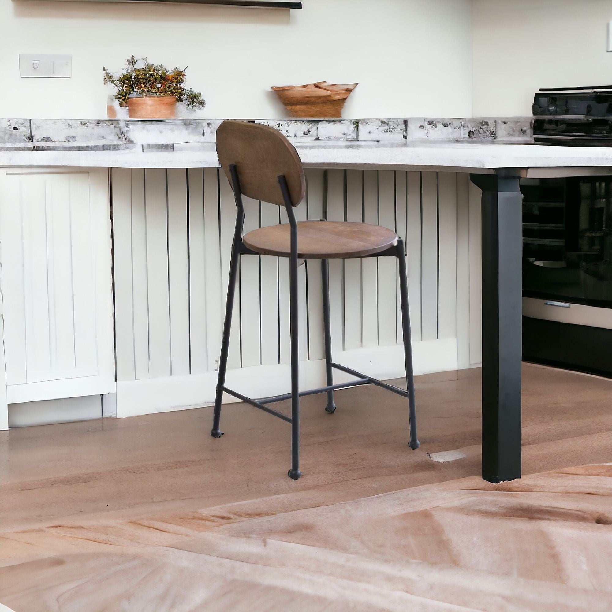38" Brown and Black Wood and Metal Bar Chair With Footrest