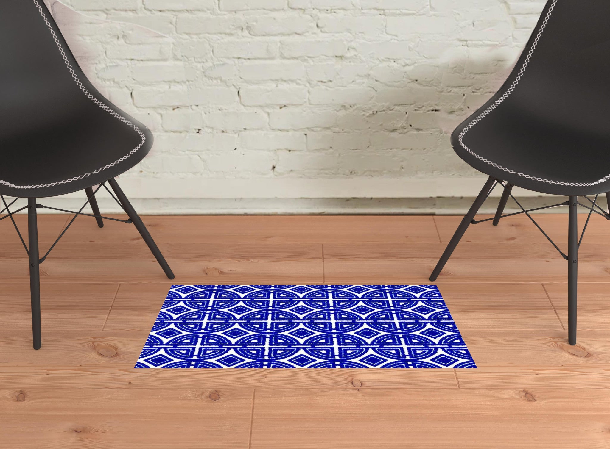 2' X 3' Cobalt Blue And White Geometric Tufted Washable Non Skid Area Rug