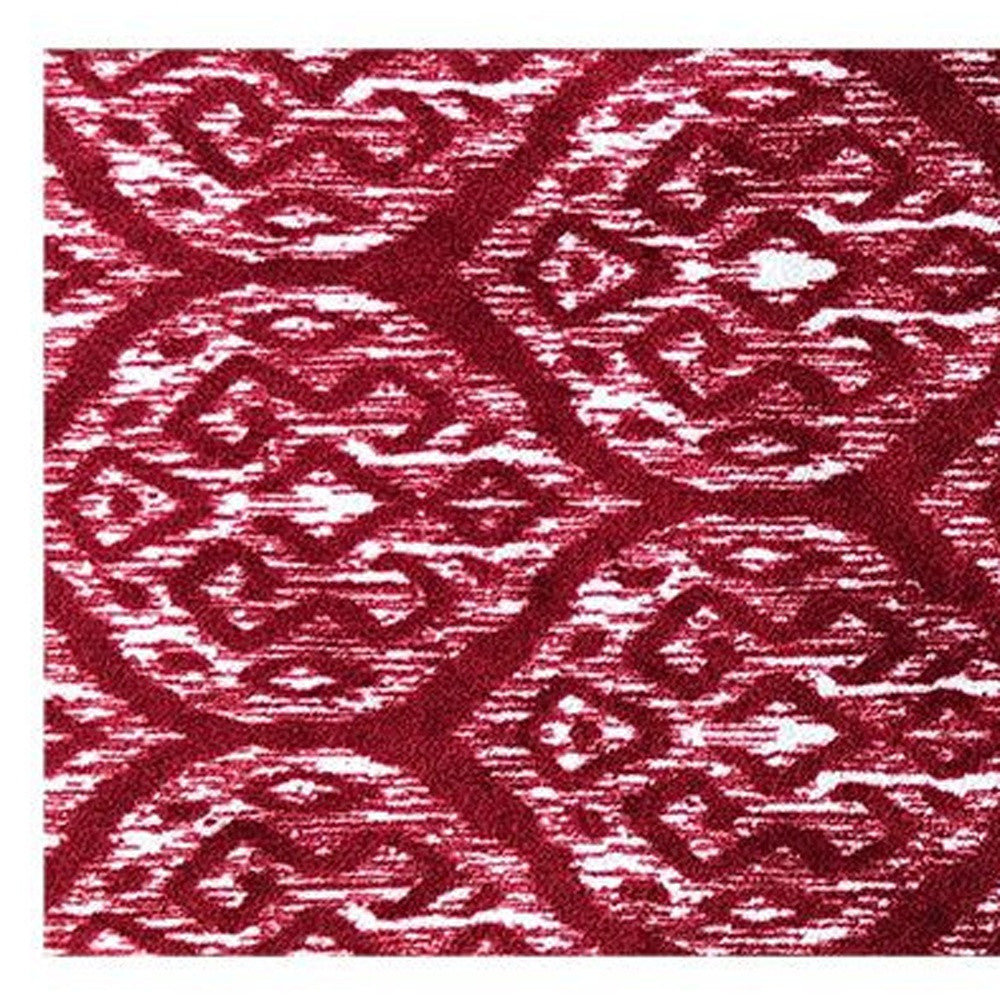 2' X 6' Red And White Ikat Tufted Washable Non Skid Area Rug