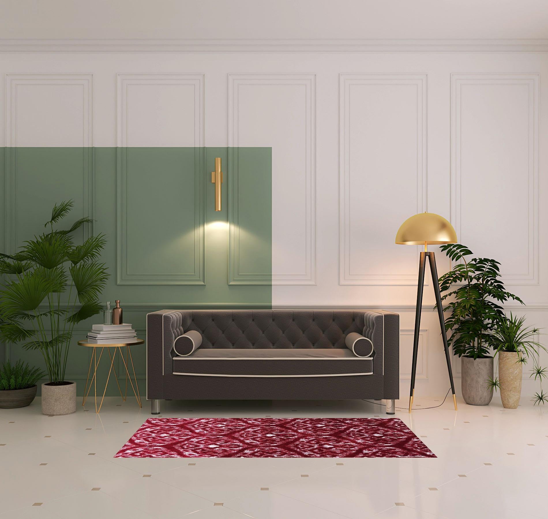 2' X 6' Red And White Ikat Tufted Washable Non Skid Area Rug