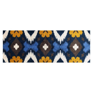 2' X 6' Navy Chocolate Gold And Sand Ikat Tufted Washable Non Skid Area Rug