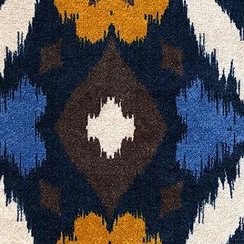 2' X 6' Navy Chocolate Gold And Sand Ikat Tufted Washable Non Skid Area Rug