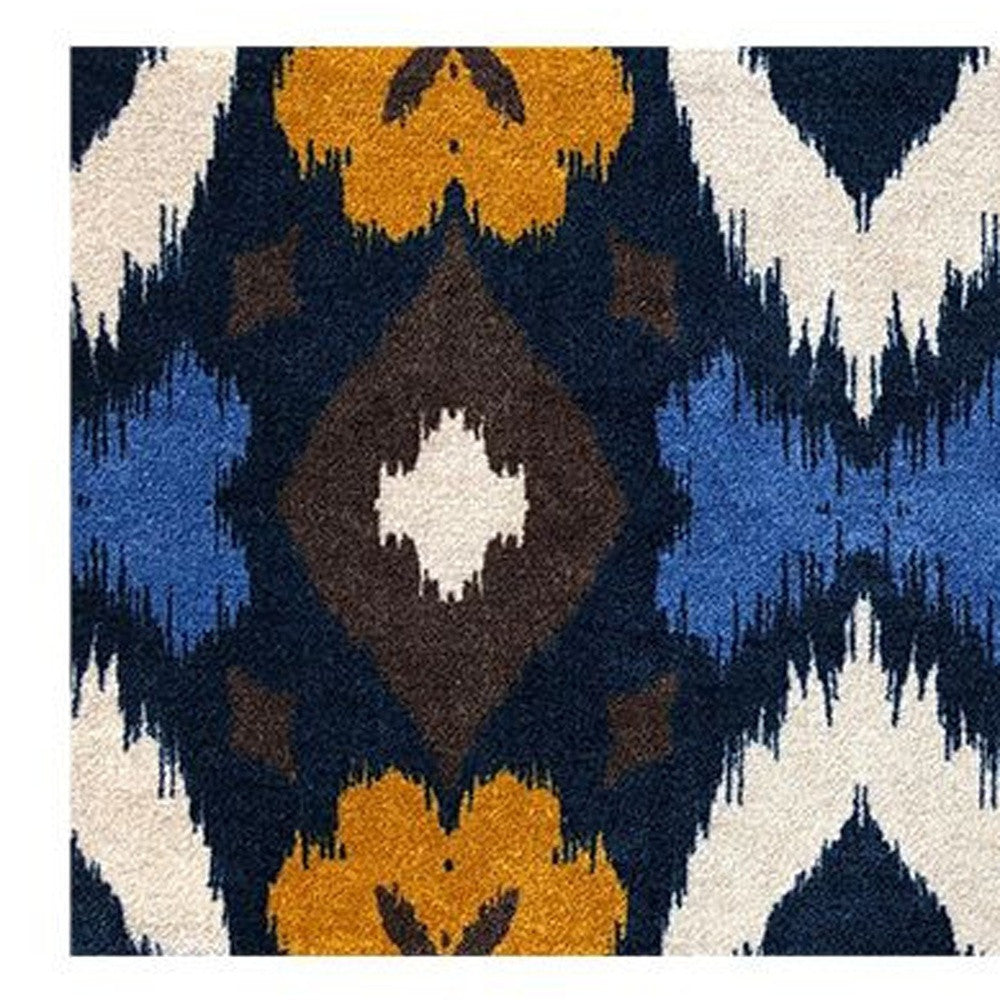 2' X 6' Navy Chocolate Gold And Sand Ikat Tufted Washable Non Skid Area Rug