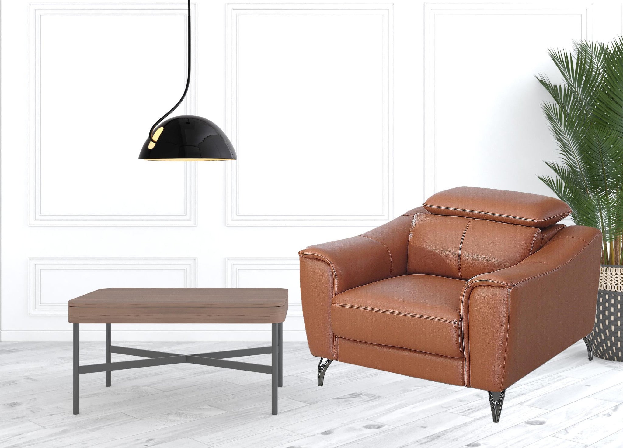 42" Brown Genuine Leather And Silver Solid Color Lounge Chair