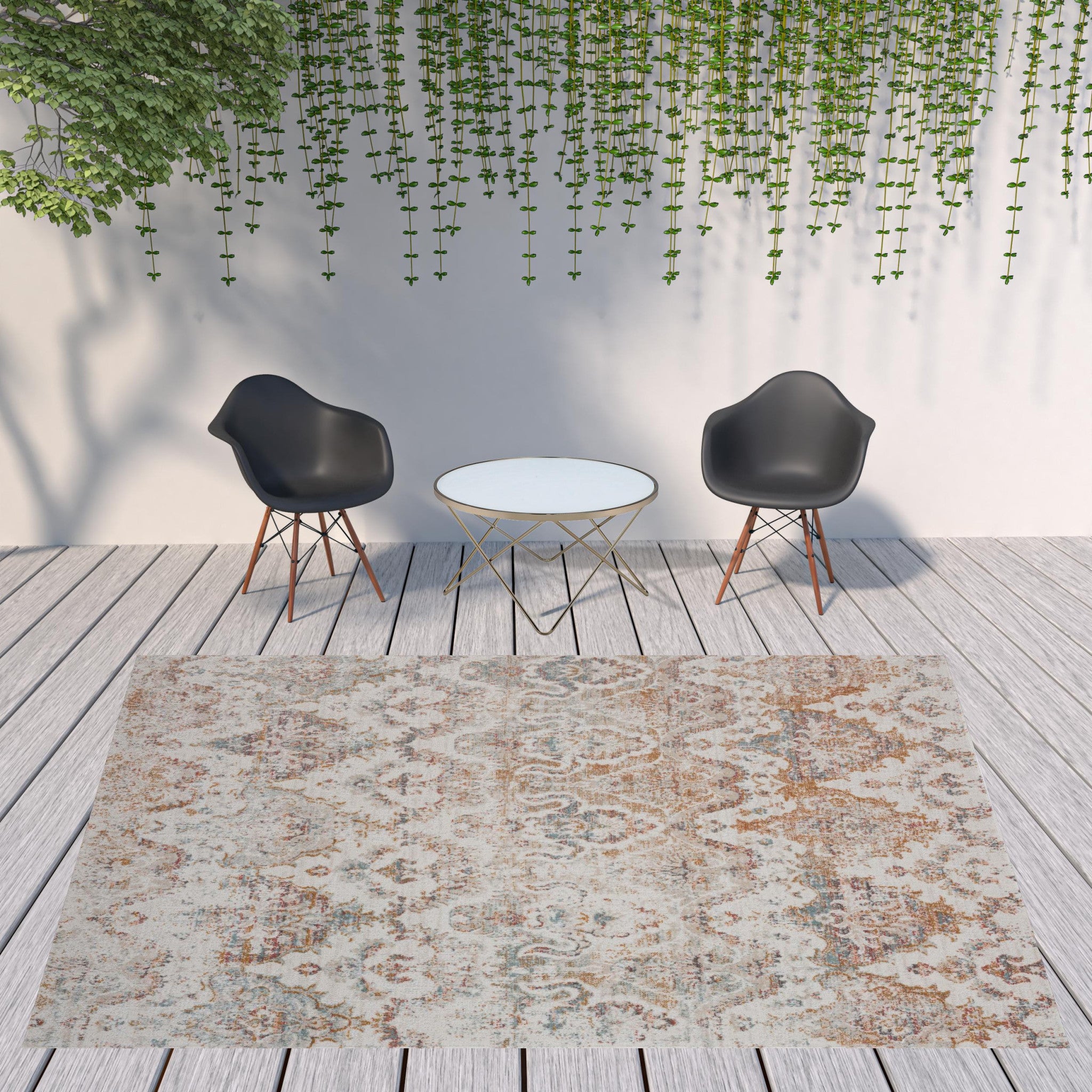 9' X 12' Beige Damask Stain Resistant Indoor Outdoor Area Rug