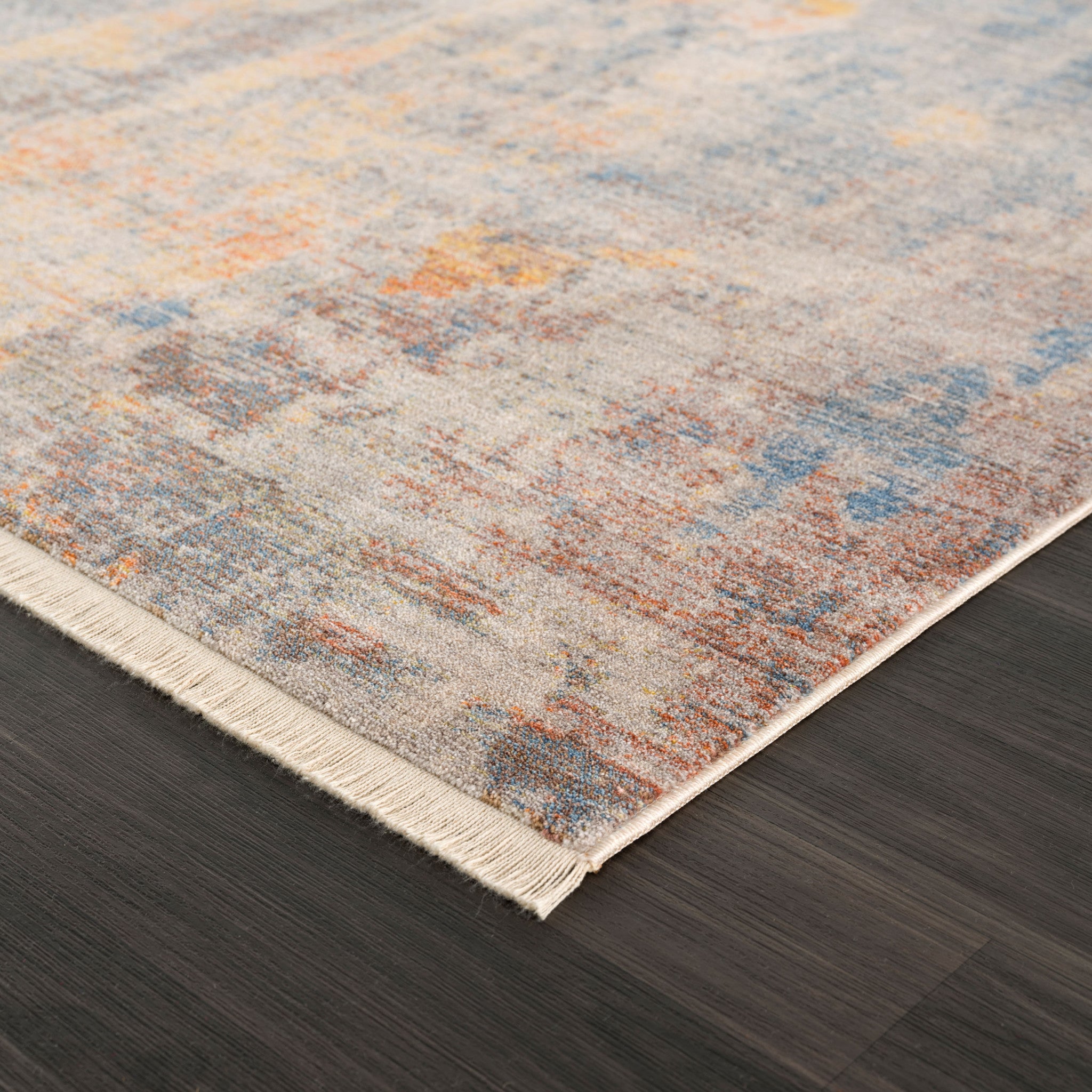 Gray Beige Blue And Yellow Abstract Power Loom Distressed Stain Resistant Area Rug - 5' x 8'