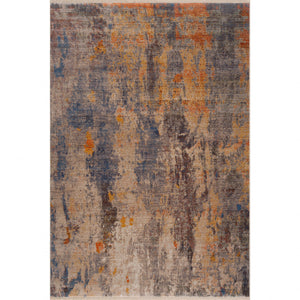 Gray Beige Blue And Yellow Abstract Power Loom Distressed Stain Resistant Area Rug - 8' x 10'