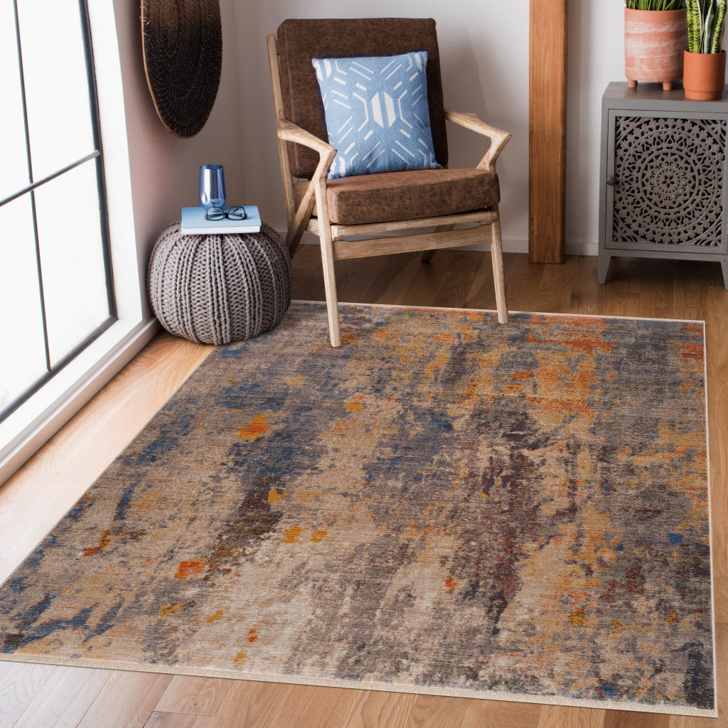 Gray Beige Blue And Yellow Abstract Power Loom Distressed Stain Resistant Area Rug - 9 x 12'