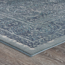 5' X 8' Blue Silver Gray And Cream Damask Distressed Stain Resistant Area Rug