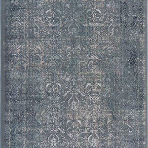 8' X 11' Blue Silver Gray And Cream Damask Distressed Stain Resistant Area Rug