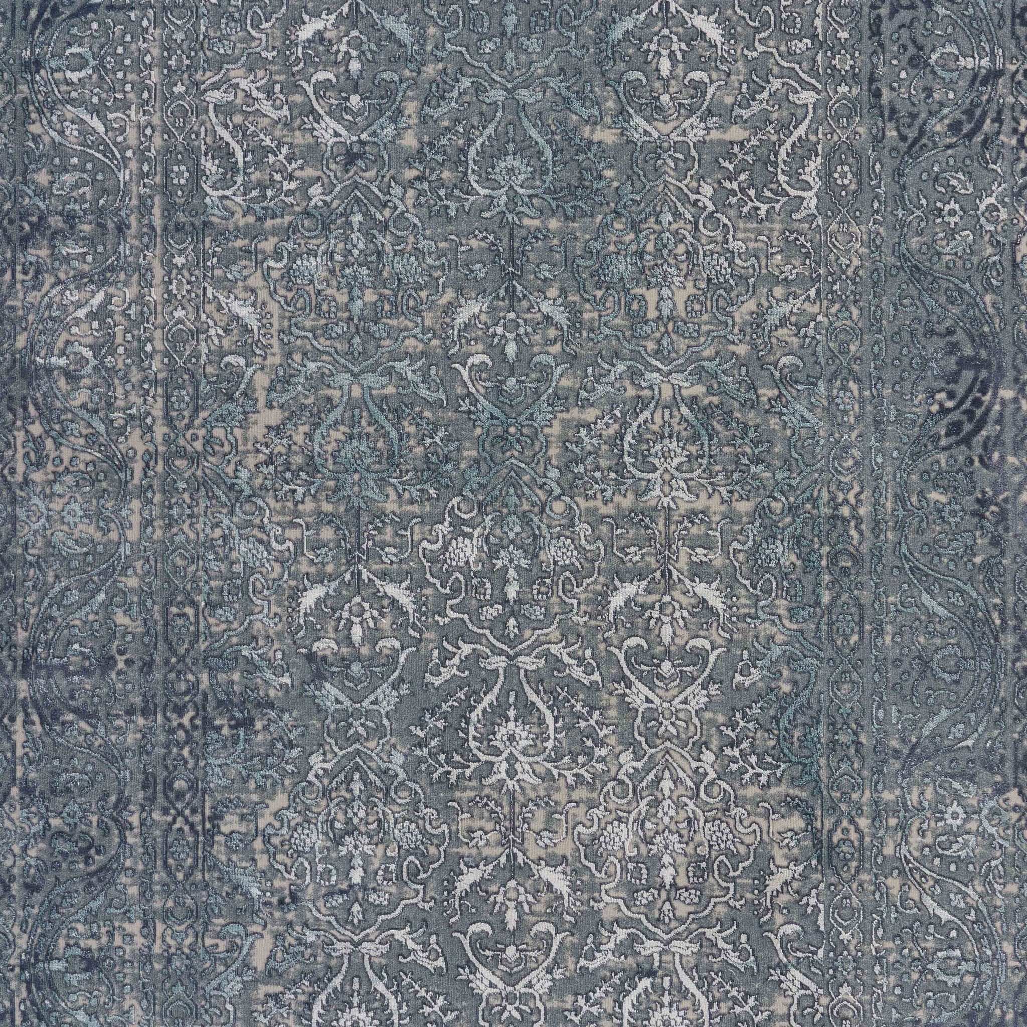 8' X 11' Blue Silver Gray And Cream Damask Distressed Stain Resistant Area Rug