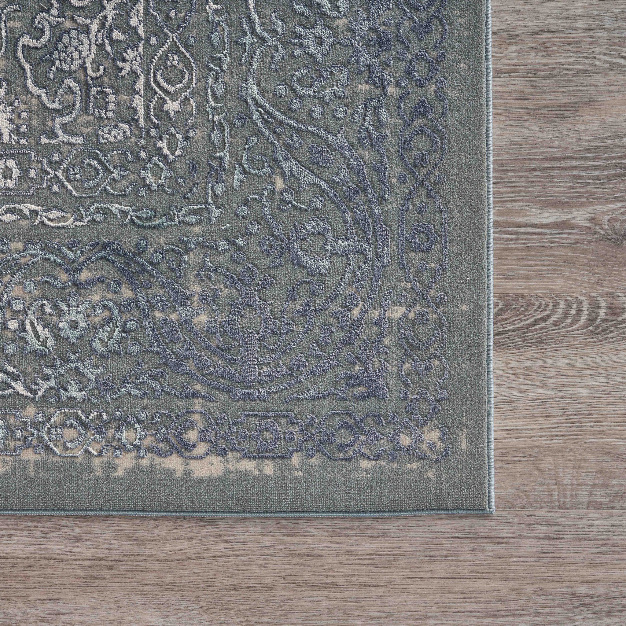 8' X 11' Blue Silver Gray And Cream Damask Distressed Stain Resistant Area Rug