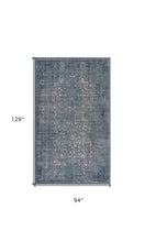 8' X 11' Blue Silver Gray And Cream Damask Distressed Stain Resistant Area Rug