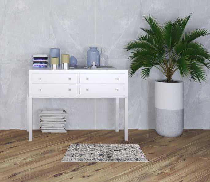 2' X 3' Cream And Gray Damask Stain Resistant Area Rug