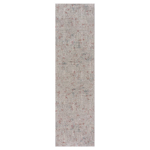 8' Gray Ivory Slate Blue And Wine Red Geometric Distressed Runner Rug