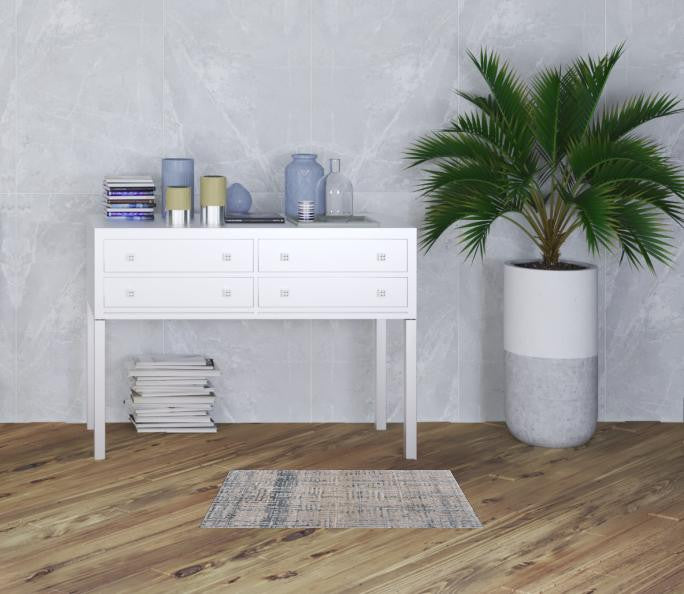 2' X 3' Cream Blue And Ivory Geometric Distressed Stain Resistant Area Rug