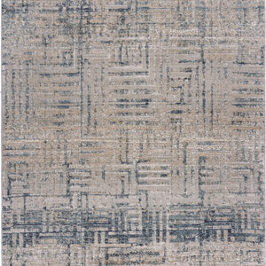 8' Cream Blue And Ivory Geometric Distressed Runner Rug