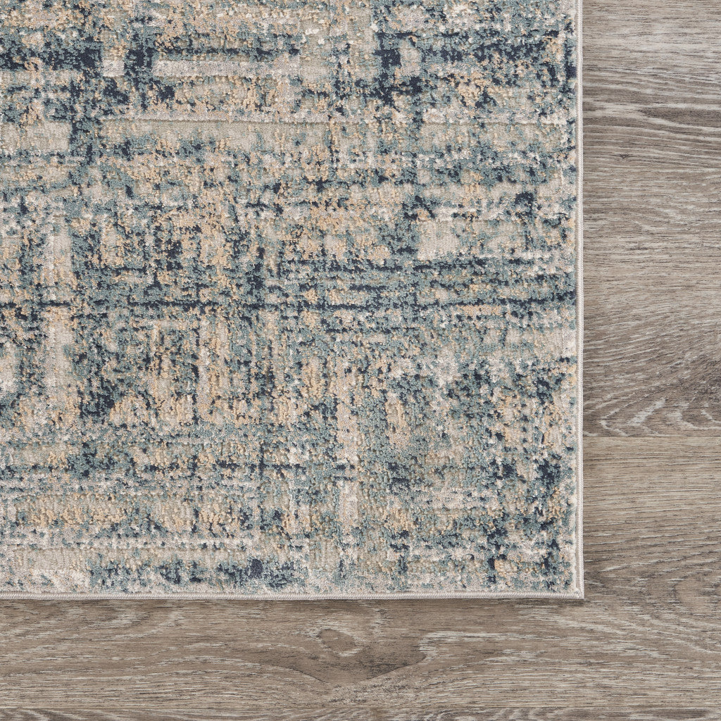 8' Cream Blue And Ivory Geometric Distressed Runner Rug
