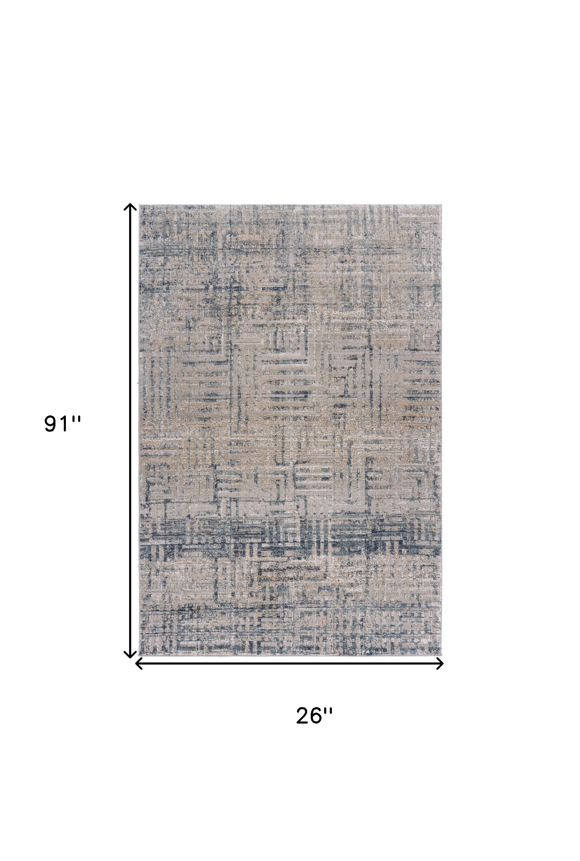 8' Cream Blue And Ivory Geometric Distressed Runner Rug