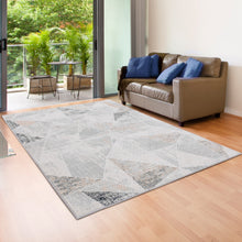 9 X 12' Gray Blue Taupe And Cream Geometric Distressed Stain Resistant Area Rug