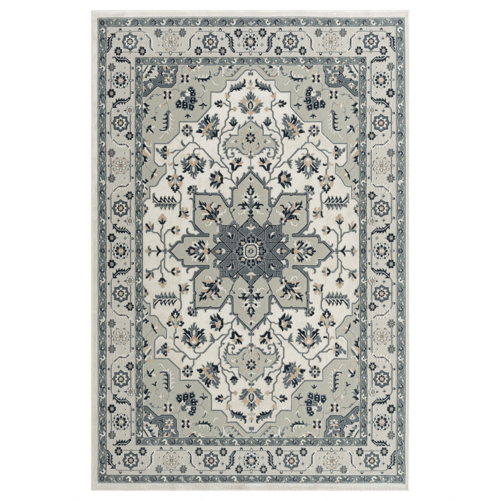 8' X 11' Gray Cream And Ivory Floral Stain Resistant Area Rug