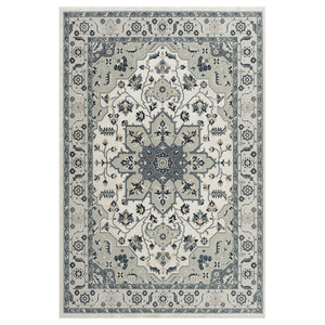 8' X 11' Gray Cream And Ivory Floral Stain Resistant Area Rug