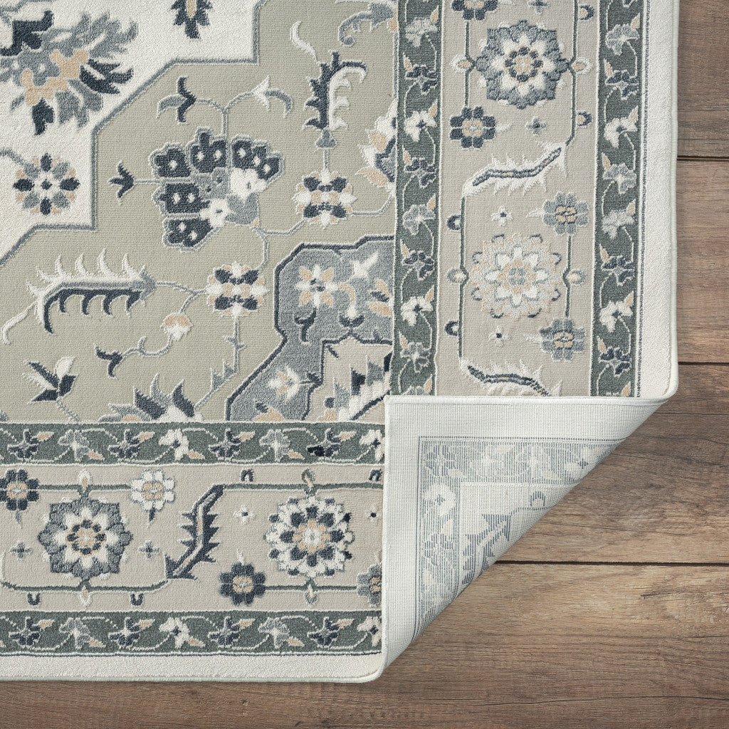 8' X 11' Gray Cream And Ivory Floral Stain Resistant Area Rug