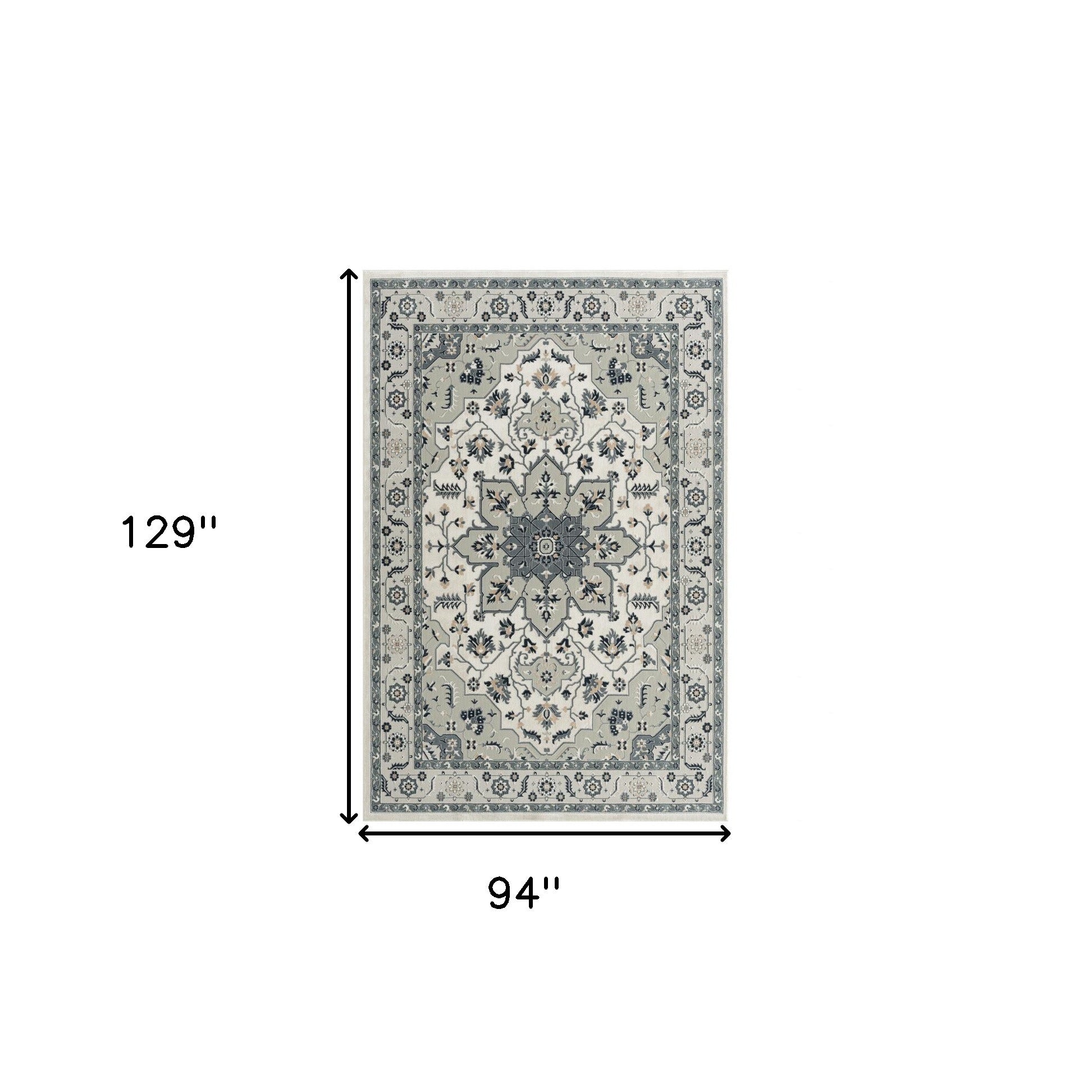 8' X 11' Gray Cream And Ivory Floral Stain Resistant Area Rug