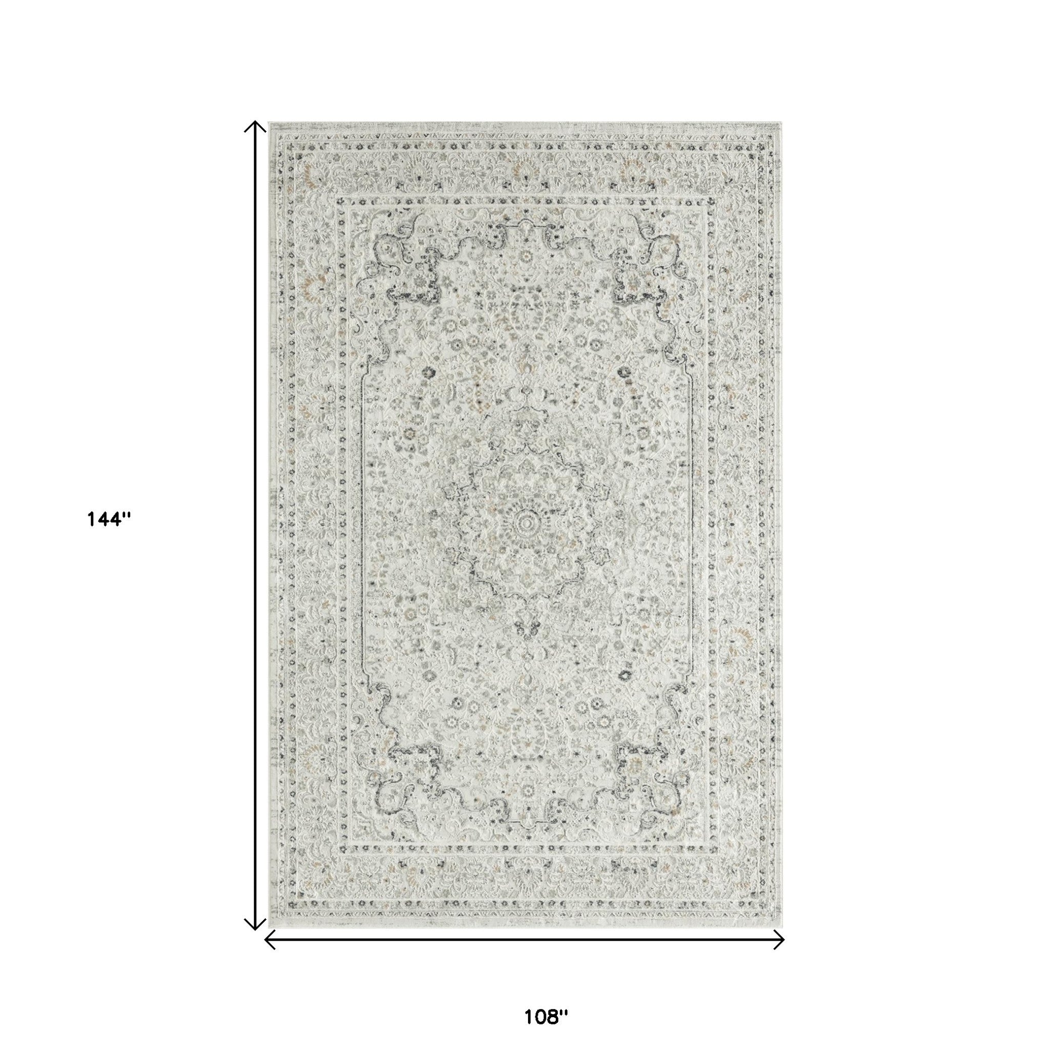9' X 12' Ivory Gray And Taupe Floral Power Loom Stain Resistant Area Rug