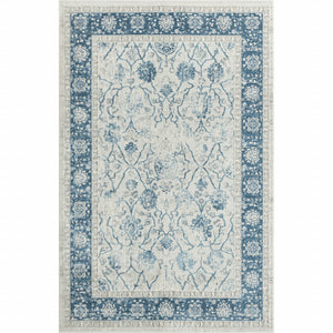 5' X 8' Blue Gray And Ivory Floral Power Loom Stain Resistant Area Rug