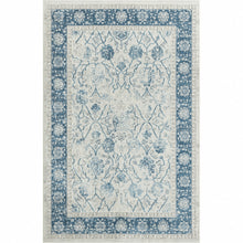 9' X 12' Blue Gray And Ivory Floral Power Loom Stain Resistant Area Rug